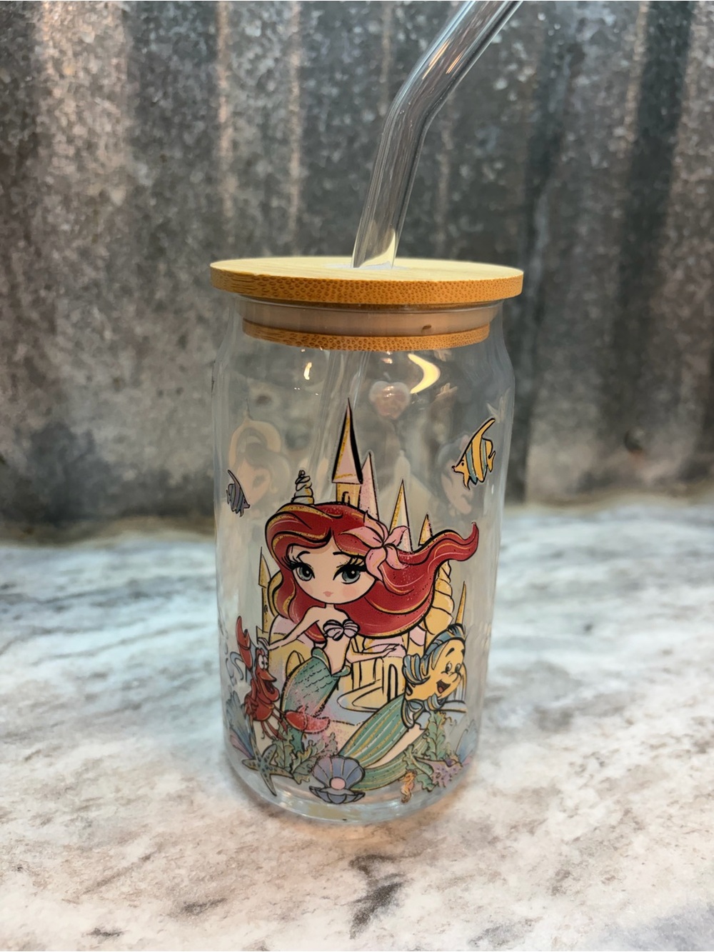 Clear Glass Mermaid Drinking Jar with Bamboo Lid - Red Accent